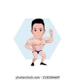 
illustration of the character of a bodybuilding man who is showing off his athletic body in a muscular shape, wearing only underwear. Vector cartoons that can be used for caricature or mascot templat