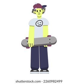  illustration character boy with skatebord, color and fun personage skater guy, concept, vector graphic