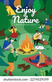 Illustration of character camping and chilling in the woods. Characters having fun time dancing, playing music, drinking soup and roasting marshmallows around campfire.