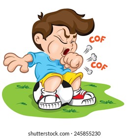 Illustration is a character child with cough and sitting on a ball. Ideal for health and institutional information.