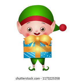 Illustration of the character. Christmas elf, Santa helper in a green suit with a gift in his hands. Sweet little boy.