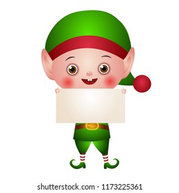 Illustration of the character. Christmas elf, Santa helper in a green suit. A cute little boy with an empty placard in the hands.