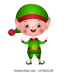 Illustration of the character. Christmas elf, Santa helper in a green suit with empty hands up. Sweet little boy.