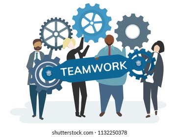 Illustration of character with cogwheel gears portraying teamwork concept