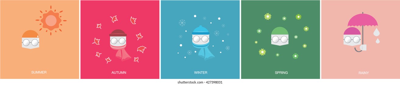 Illustration character in colorful background of five seasons, summer, winter, spring, autumn and rainy.