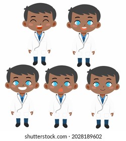 Illustration character cute cartoon doctor with brown skin and different expressions on white background