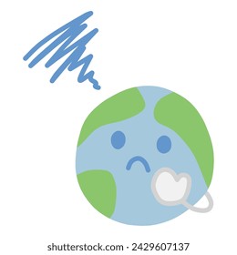 Illustration of a character with a cute deformed image of the earth, looking mopey and troubled.