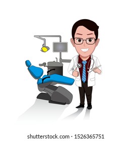 
illustration of the character of a dental specialist carrying medical devices and beside him there is a chair to examine the patient. Vector cartoons that can be used for caricature or mascot templat