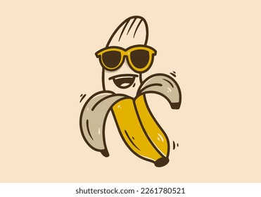 Illustration character design of a banana wearing glasses with smiling face