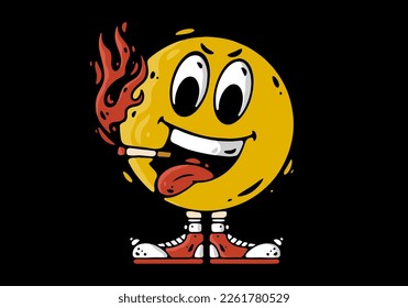 Illustration character design of a yellow ball character with cigarette with fire flame