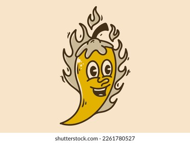 Illustration character design of a yellow chili with fire flame