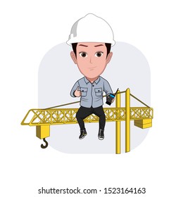 illustration of the character of a dressed project worker wearing a safety helmet sitting on a crane carrying a walkie talk. Vector cartoons that can be used to caricature templates or mascot.