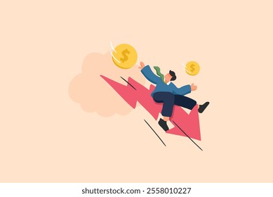 An illustration of a character falling alongside a red downward arrow, symbolizing financial struggles and economic downturns in a dynamic style.