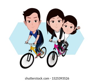 illustration of the character of a family consisting of a mother and father and child who do cycling together. Vector cartoons that can be used for caricature or mascot templates with plain background