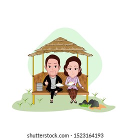 illustration of the character of a farmer having lunch with his wife in a hut in the middle of a rice field dike. Vector cartoons that can be used to caricature templates with plain backgrounds.