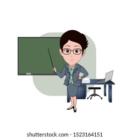 illustration of the character of a female teacher posing in class, there are blackboards and desks. his hand pointed at the blackboard with a stick. Vector cartoons that can be used as mascot.