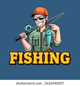 Caractere de ilustração de um pescador com texto adicionado