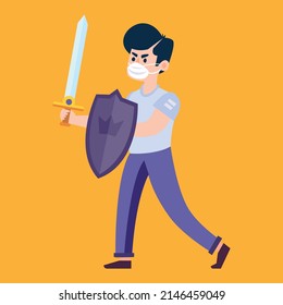 illustration of character in flat style carrying a shield to protect oneself, health illustration