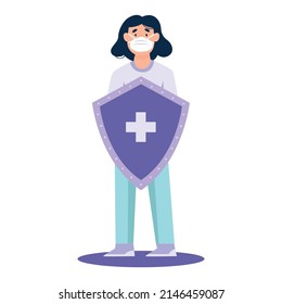illustration of character in flat style carrying a shield to protect oneself, health illustration