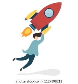 Ilustración de un personaje con un cohete volador