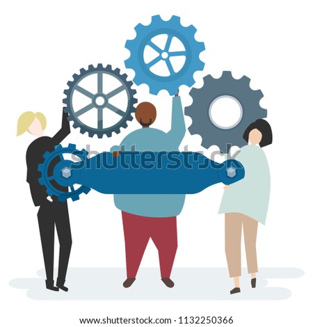 Illustration of character with gears and copy space