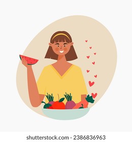 Illustration character of girl love eat fruits and vegetable. World vegan day vector illustration.