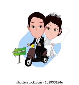 illustration of the character of a groom piggybacking a bride on a motorcycle. there is a directional board in front of him. Vector cartoons that can be used to caricature templates. isolated.