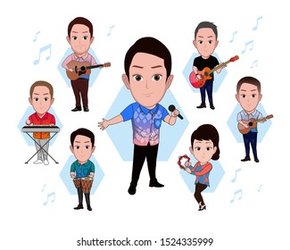 illustration of the character of a group posing, singing and playing a variant instrument. Vector cartoons that can be used for caricature or mascot templates with plain backgrounds.