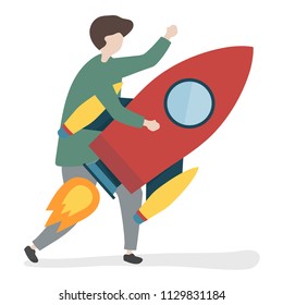 Illustration of a character holding a rocket
