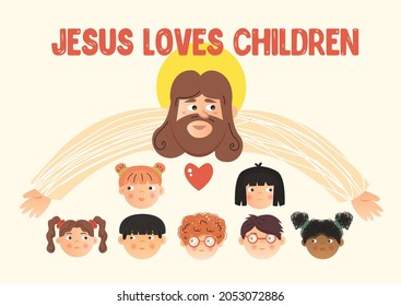 Illustration with the character Jesus embracing all the children of the world. Vector illustration, religion, faith, love