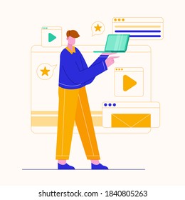 Illustration of character learning course. Tutorial, graduation, exam. Online course from home.