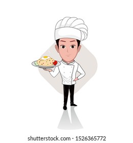 
Illustration Of The Character Of A Male Chef In His Uniform And Carrying A Tray Filled With Cooking. Vector Cartoons That Can Be Used For Caricature Or Mascot Templates With Plain Backgrounds.