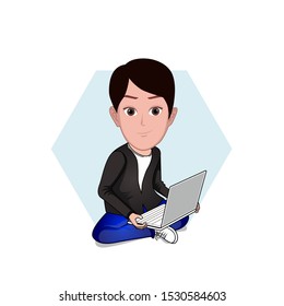 
illustration of the character of a man holding a laptop while sitting cross-legged. Vector cartoons that can be used for caricature or mascot templates.