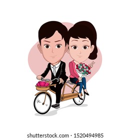 illustration the character man piggybacking woman bicycle  there is heart  shaped balloon in bicycle basket  the female character carries flower bouquet  Vector cartoons 