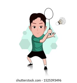 illustration of the character of a man posing with a badminton racket with a pose ready to compete. Vector cartoons that can be used for caricature or mascot templates with plain backgrounds.