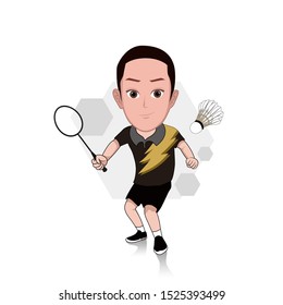 illustration of the character of a man posing with a badminton racket with a pose ready to compete. Vector cartoons that can be used for caricature or mascot templates with plain backgrounds.