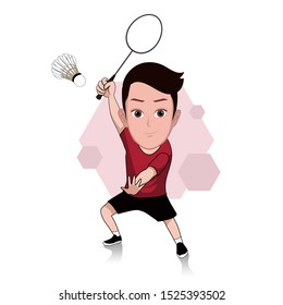 illustration of the character of a man posing with a badminton racket with a pose ready to compete. Vector cartoons that can be used for caricature or mascot templates with plain backgrounds.