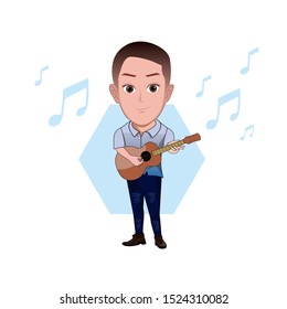 illustration of the character of a man posing, playing a ukulele instrument. Vector cartoons that can be used for caricature or mascot templates with plain backgrounds.