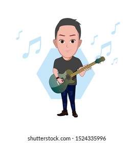 illustration of the character of a man posing, playing a bass instrument. Vector cartoons that can be used for caricature or mascot templates with plain backgrounds.