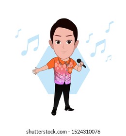 illustration of the character of a man posing singing by holding the microphone in his left hand. Vector cartoons that can be used to caricature templates or mascot with plain backgrounds.