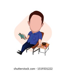 illustration of the character of a man who enjoys his free time by reading books and drinking coffee. Vector cartoons that can be used for caricature and mascot templates with plain backgrounds.