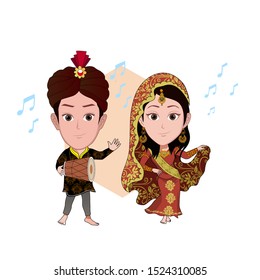 illustration of the character of a man and woman dancing and playing ethnic music in traditional Indian clothes. Vector cartoons that can be used to caricature templates with plain backgrounds.