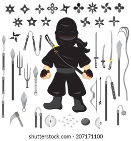 Illustration Of Character Ninja And Weapon, Cartoon Vector