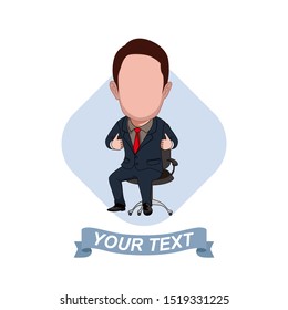 illustration of the character of an office worker posing wearing a tuxedo sitting on a chair, his hands making a thumb gesture. Vector cartoons that can be used to caricature templates. isolated.