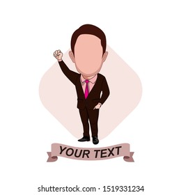 illustration of the character of an office worker posing with a brown tuxedo, raising his right hand into a fist as if celebrating a victory. Vector cartoons that can be used to caricature templates.