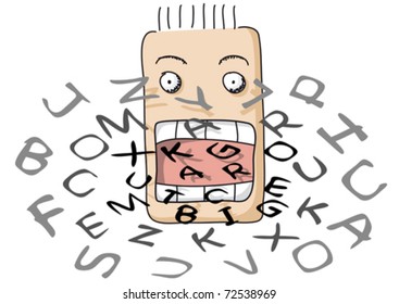 Illustration of character with open mouth and many letters of the alphabet