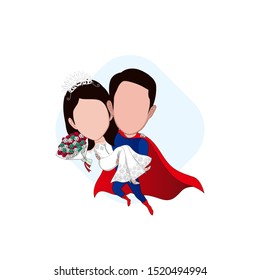 Illustration Of The Character Of A Pair Of Brides Where The Man Wearing A Superhero Costume Is Carrying A Flying Bride. Vector Cartoons That Can Be Used To Caricature Templates With Plain Backgrounds.