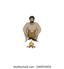 Darstellung des Charakters einer primitiven Person, die ein Feuer macht