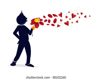 An illustration of a character with a red flower and a hearts