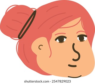 Ilustração de um personagem com cabelo vermelho amarrado em um pão alto, preso com uma faixa preta. Mulher capacitada.